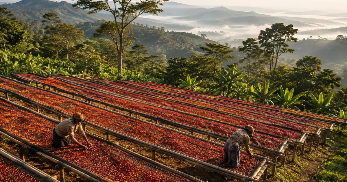 Ferma de cafea din Etiopia in zona Yirgacheffe, cu paturi africane de uscare la soare