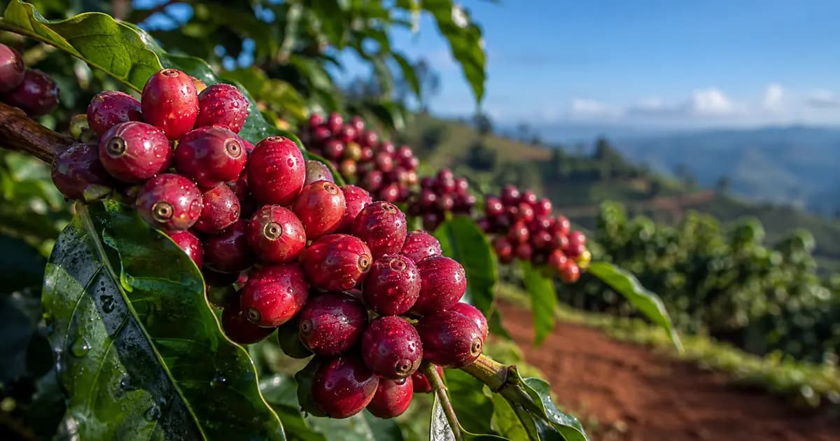 Ferma de cafea din Kenya, coacaze coapte pe ramura, regiune Kiambu