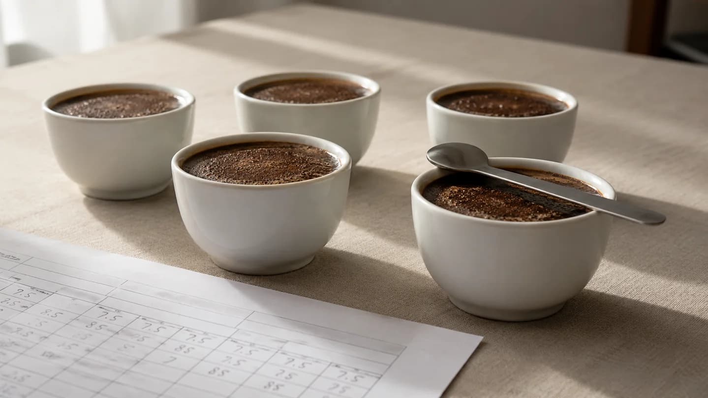 Cinci cesti albe de portelan cu cafea si crusta de zaturi pe o masa acoperita cu in bej, cu o lingura de cuppare si un formular de evaluare cu scoruri scrise de mana, lumina naturala laterala